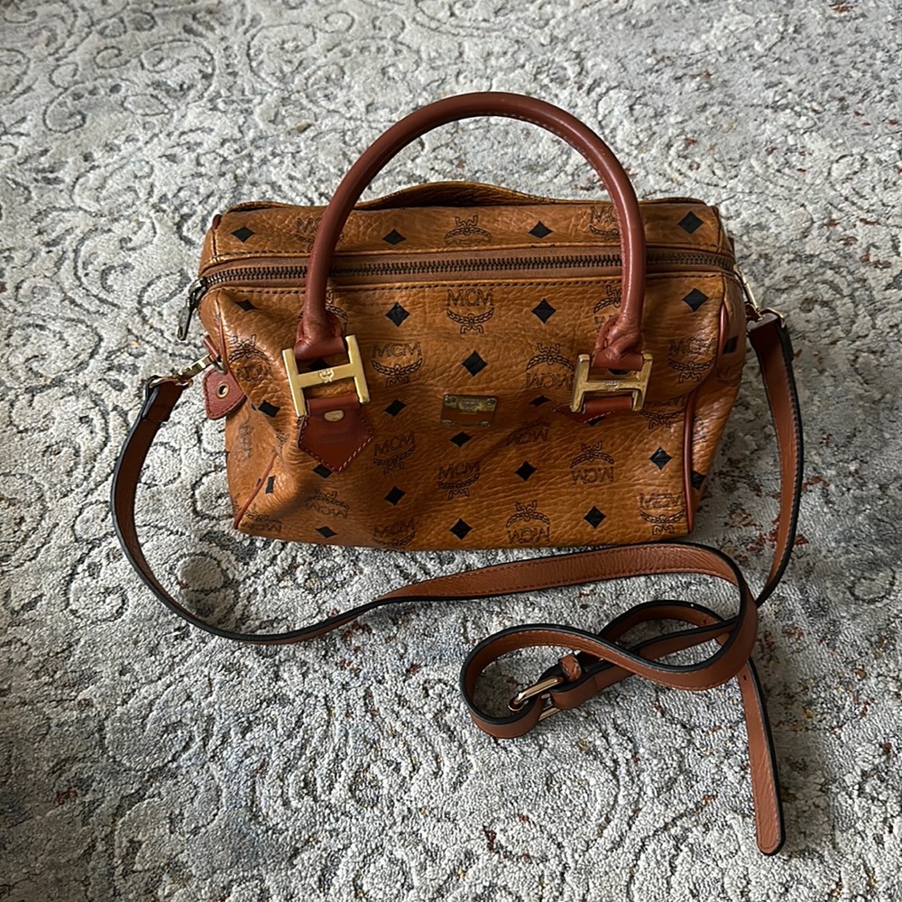 MCM Visetos Cognac Brown Canvas Leather Boston Handbag! EUC!!